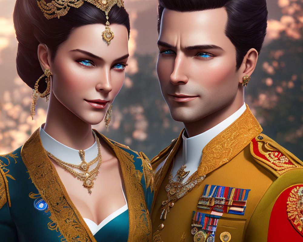 Regal couple in golden jewelry and military uniform with medals