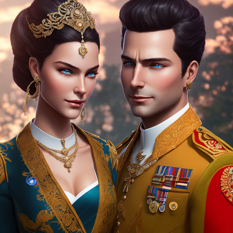 Regal couple in golden jewelry and military uniform with medals