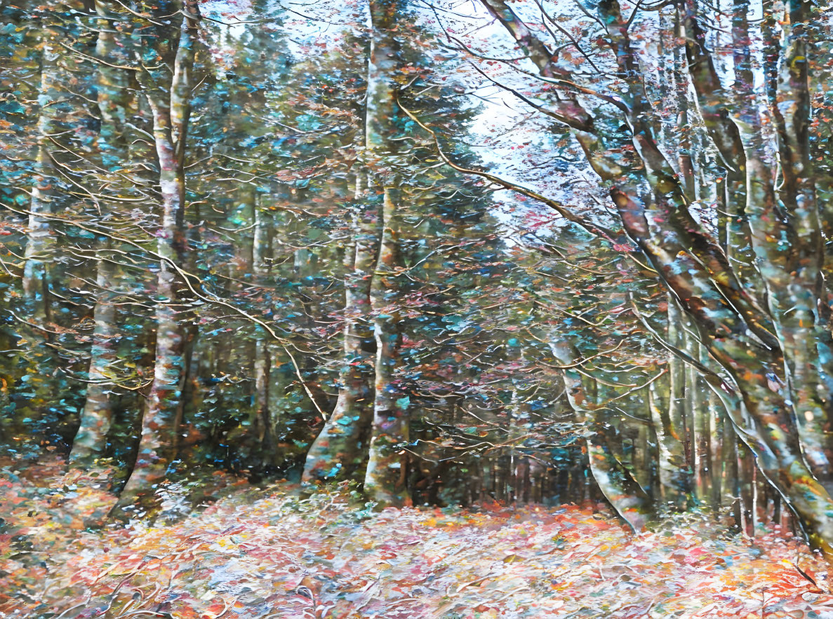 Vibrant impressionist painting of dense autumn forest