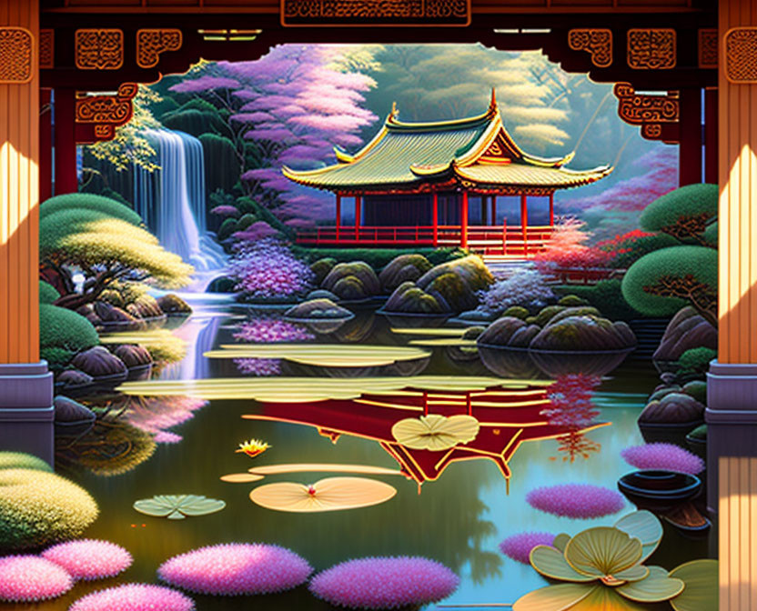 Traditional Asian pavilion by lush waterfall and serene pond with lily pads