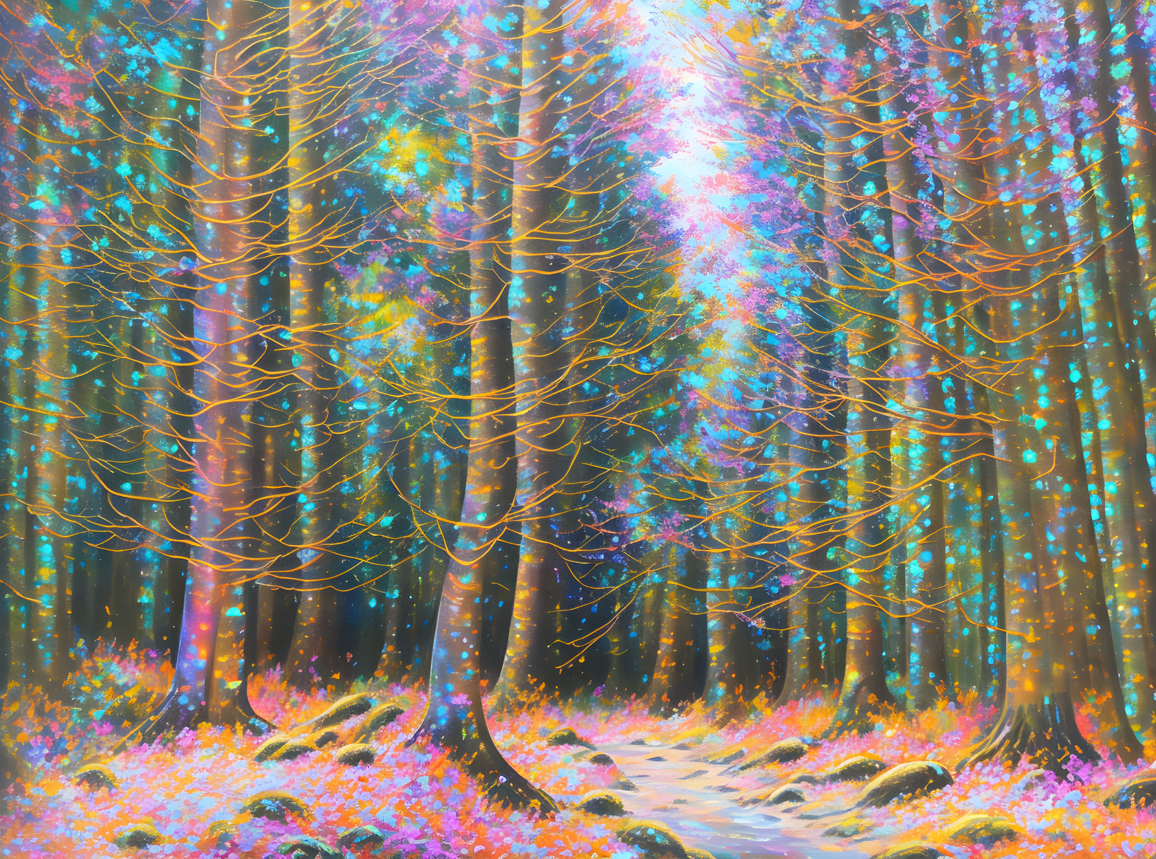 Enchanting Forest with Vibrant Hues and Sparkling Lights