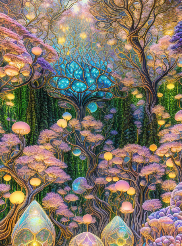 Fantastical forest with glowing mushrooms and luminous trees