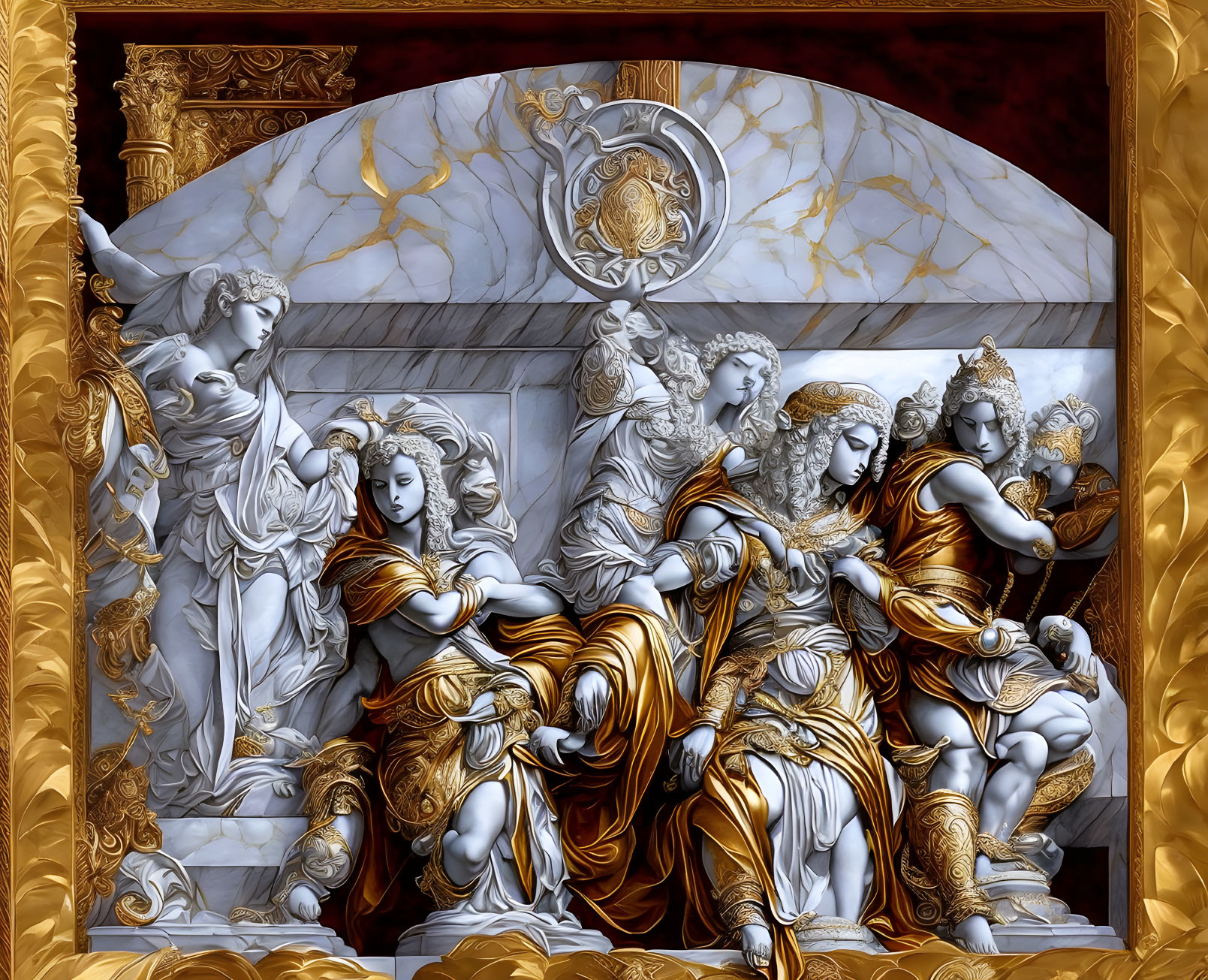 Classical Attire Bas-Relief in White and Gold with Marble Background