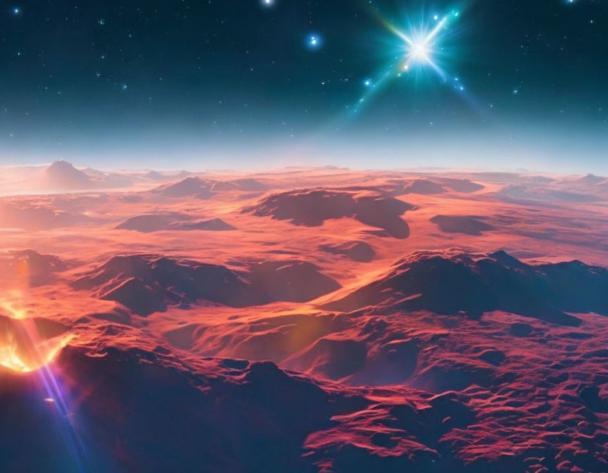 Vivid Extraterrestrial Landscape with Red Terrain and Starry Sky