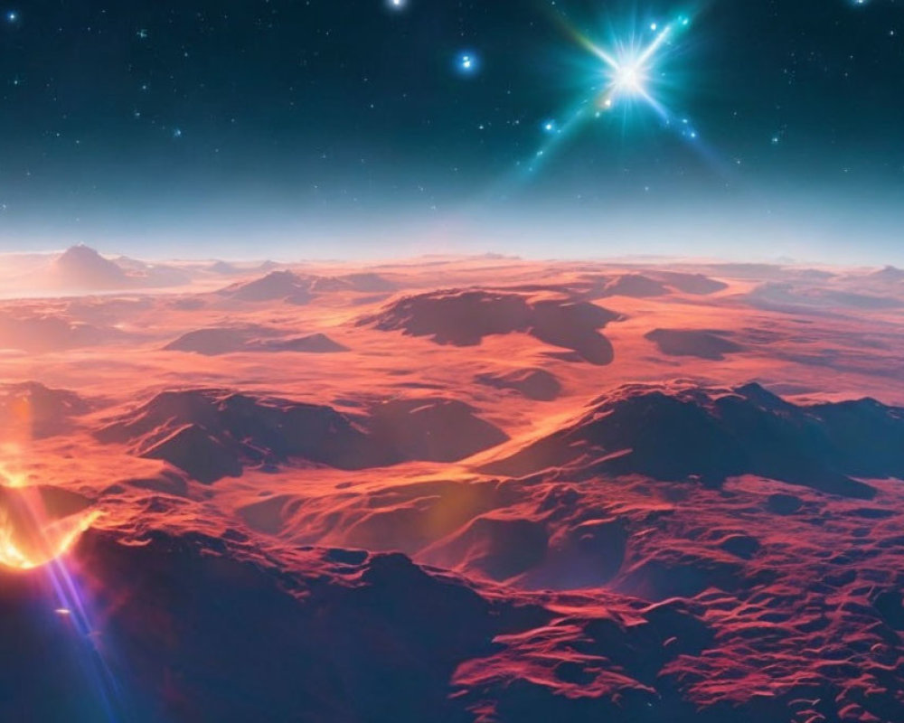 Vivid Extraterrestrial Landscape with Red Terrain and Starry Sky