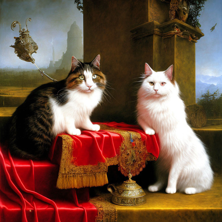 Regal long-haired cats on ornate table with red velvet drapery and silver pitcher