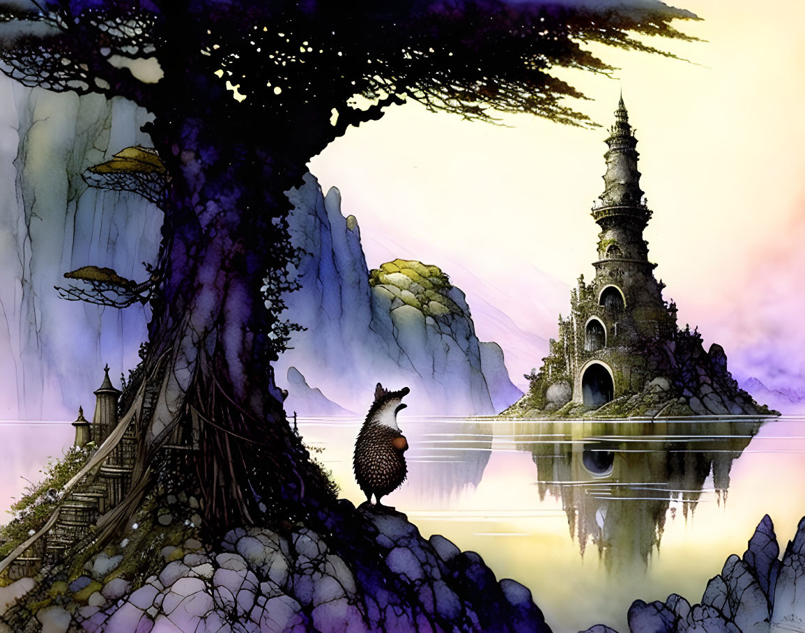 Hedgehog admiring tower on islet by serene lake