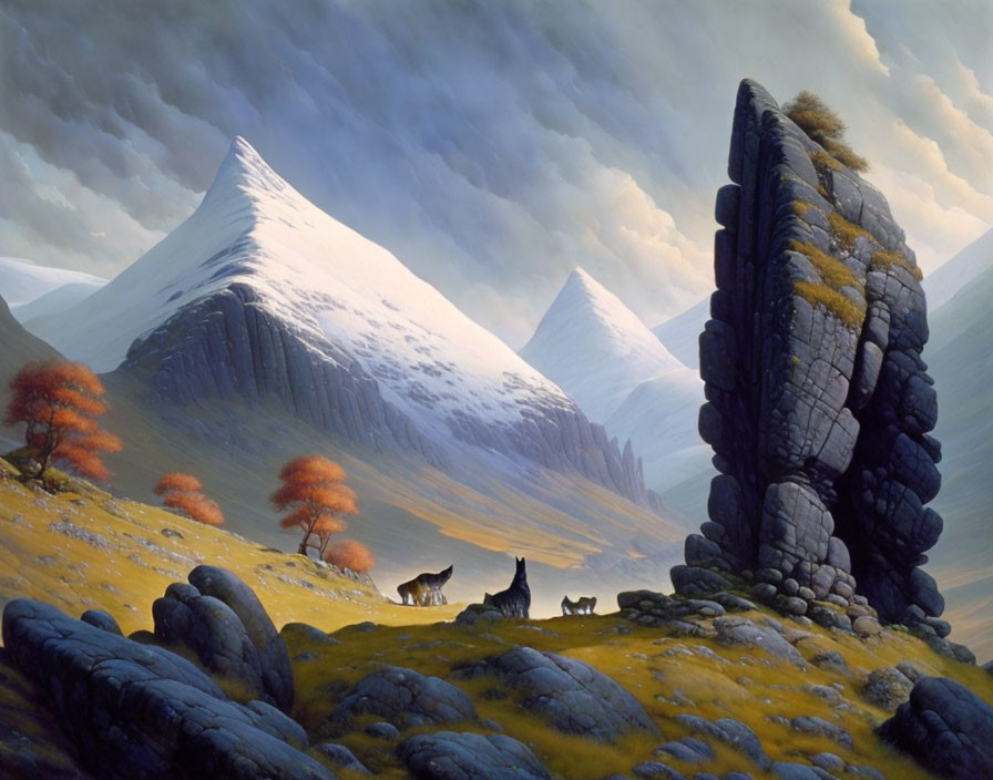 Fantastical landscape with wolves, orange trees, stone monolith, snow-capped mountains