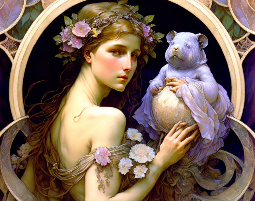 Woman with Floral Wreath Holding Globe with Whimsical White Bear