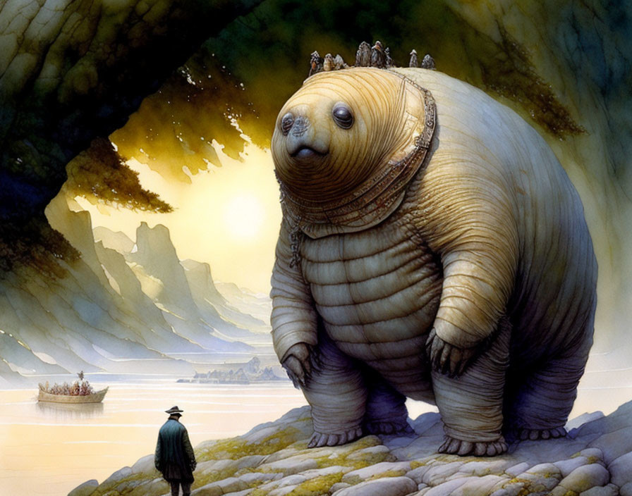 Fantastical walrus-like creature with multiple tusks in aquatic landscape