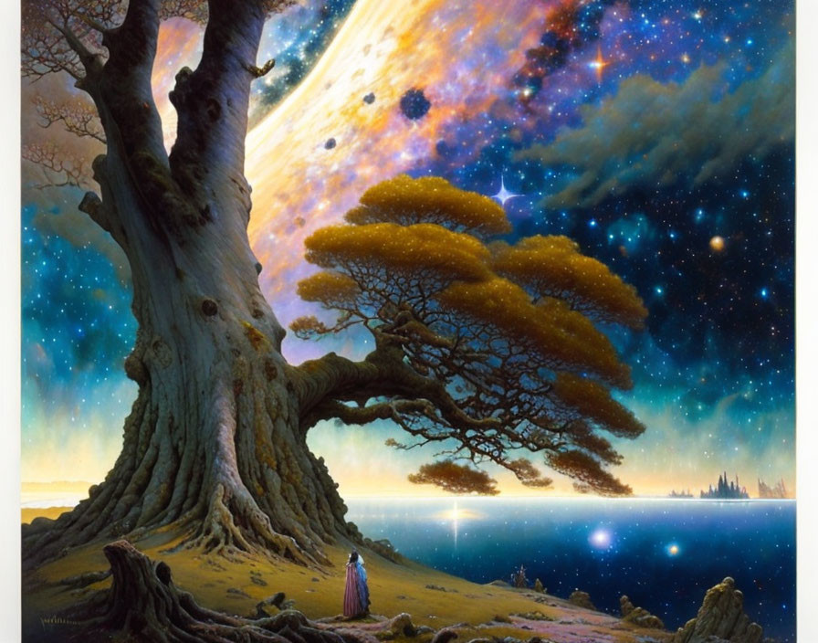 Person standing under large tree with cosmic sky filled with stars, planets, and nebulas.