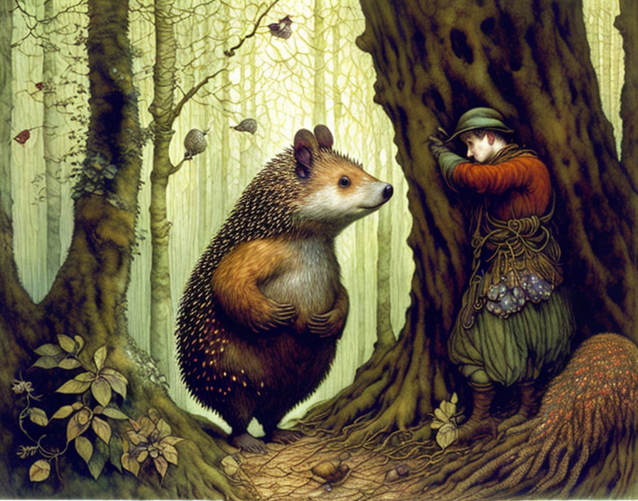 Giant hedgehog meets cloaked figure in lush forest illustration