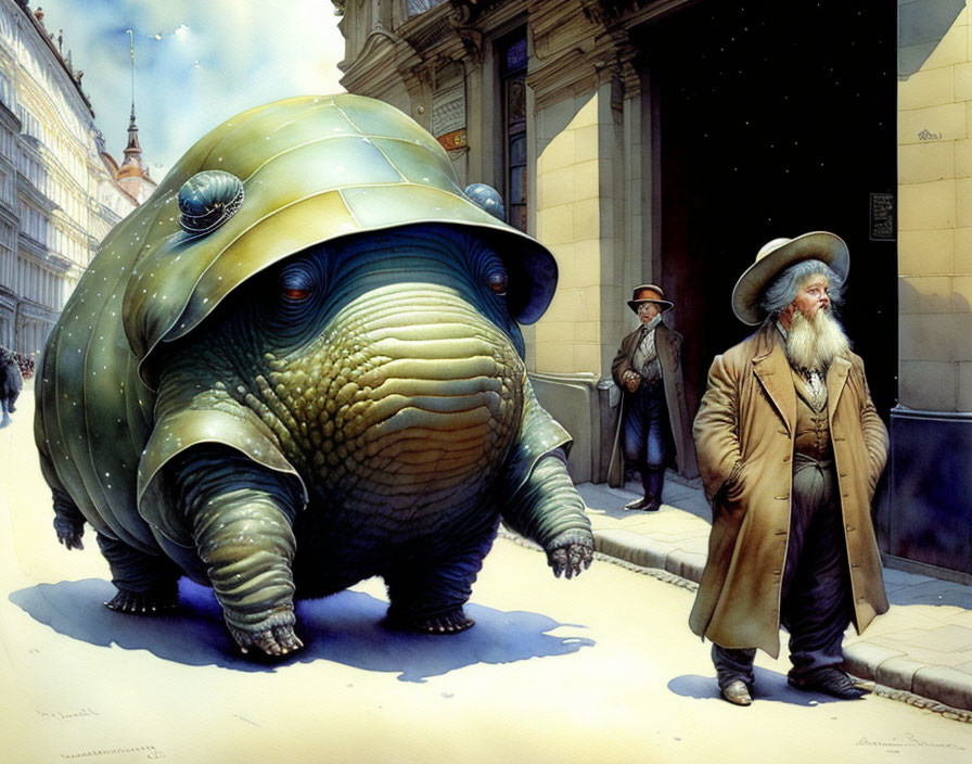 Giant turtle with cityscape shell and old-fashioned man walking, two people watching