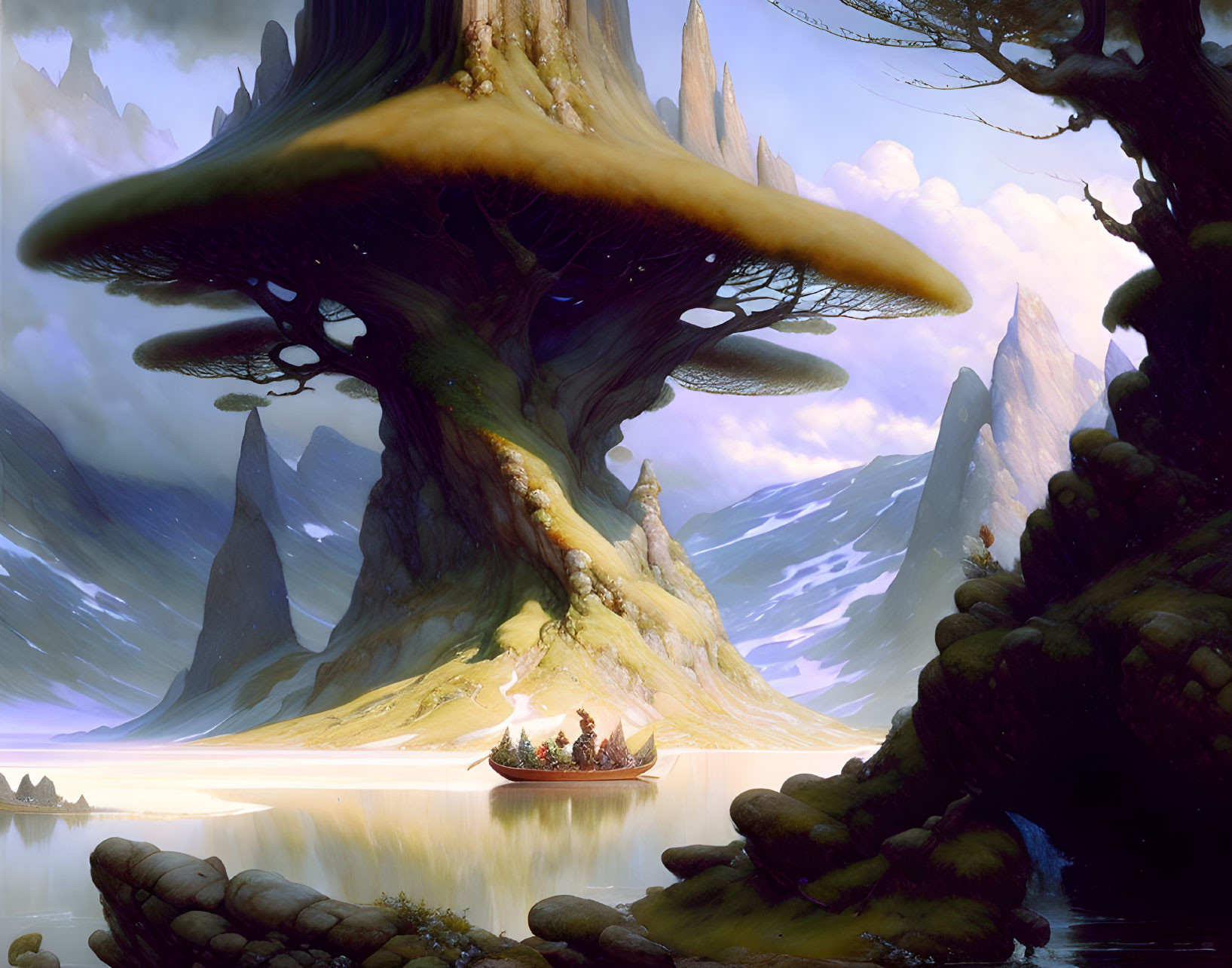 Serene landscape with mushroom-like trees, mountains, and river boat