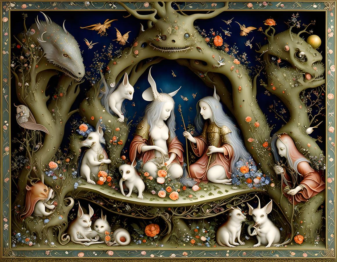 Fantastical painting of mythical creatures in enchanted forest