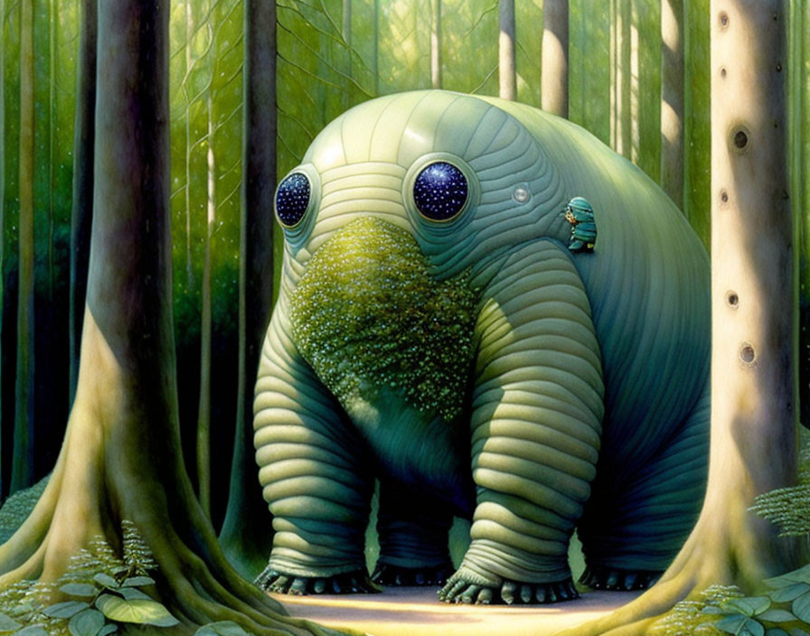 Large green creature with big eyes in lush forest with tiny figure.