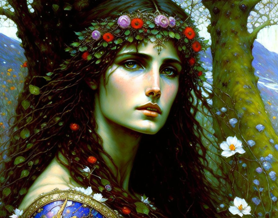 Portrait of Woman with Dark Hair and Floral Wreath in Nature