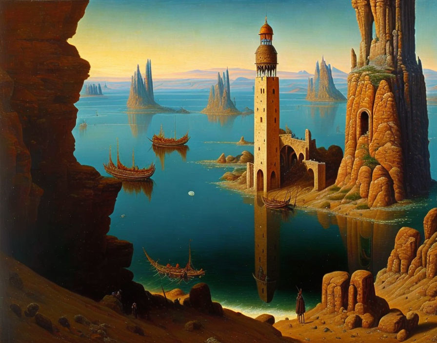 Surreal seascape with tall rock formations, lighthouse, boats, and golden hue