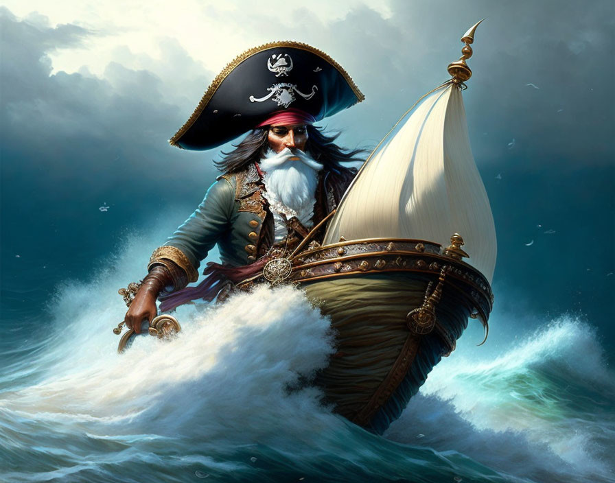 Illustration of pirate with tricorn hat steering ship through ocean waves