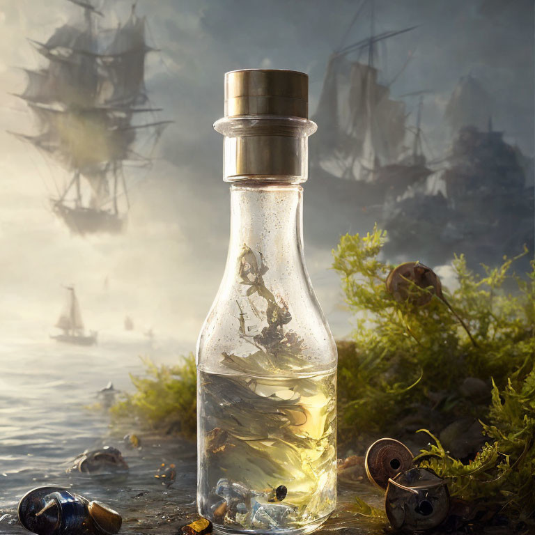 Glass bottle with tiny ship and figures on moss, ghostly large ships in misty background