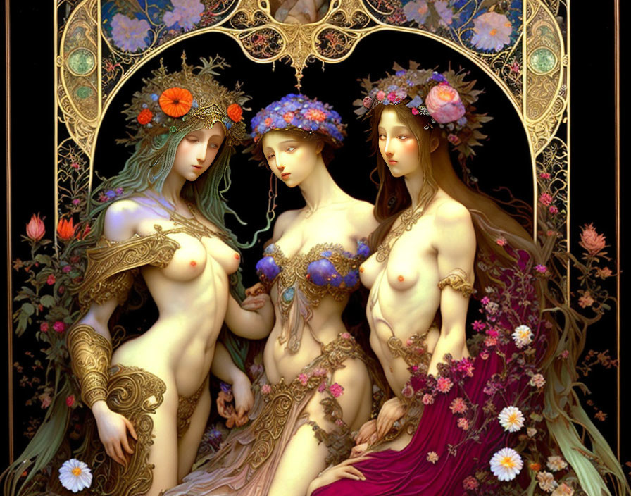 Ethereal women with floral wreaths in golden Art Nouveau frame