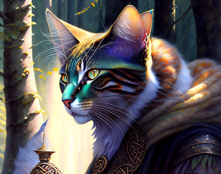 Fantasy Cat with Intricate Facial Markings in Enchanted Forest