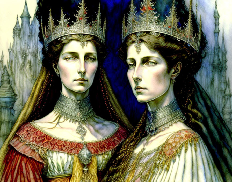 Regal figures in crowns and elaborate attire before castle backdrop