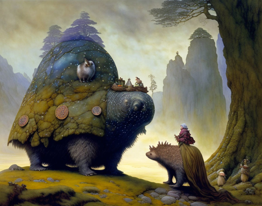 Fantastical painting: Giant turtle with forest, animals, robed figure & hedgehog