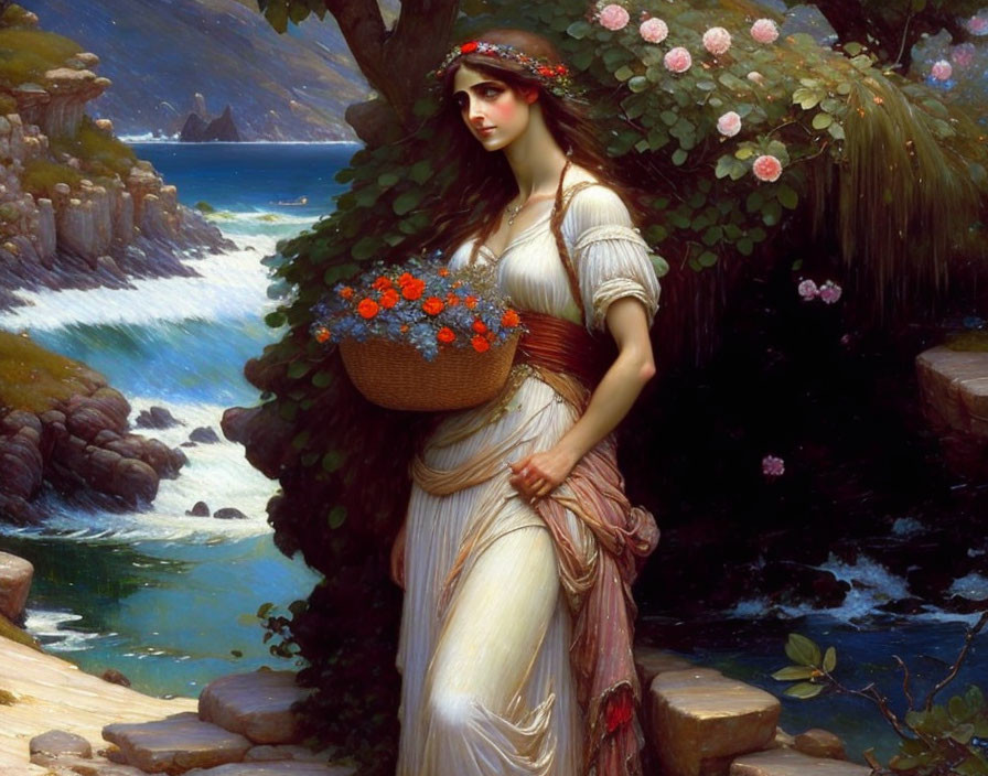 Classical painting of woman with red flowers by sea