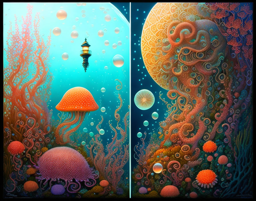 Colorful split artwork: underwater scene with floating lighthouse, jellyfish, and intricate coral structures.