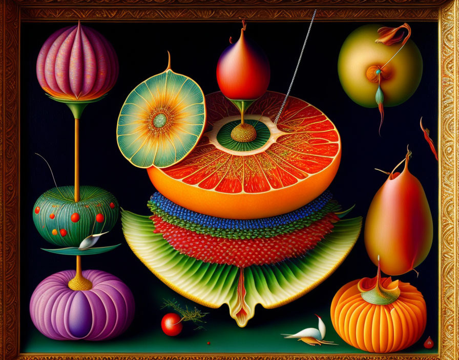 Colorful Still-Life Painting of Cross-Sectioned Fruits and Vegetables