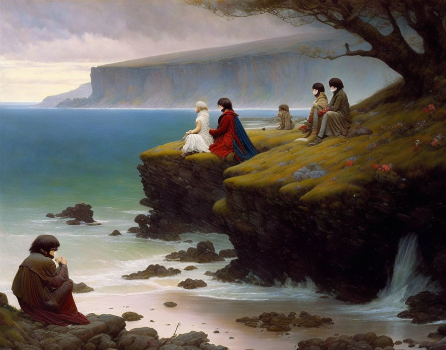 Historical attire painting: Six figures by cliffside overlooking sea