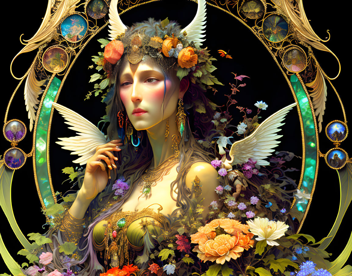 Ethereal woman with floral headdress and wings among golden designs