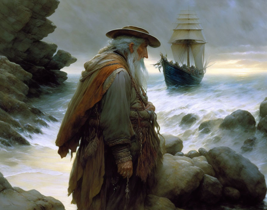 Bearded Figure in Robes on Rocky Shore Observing Sailing Ship in Stormy Sea