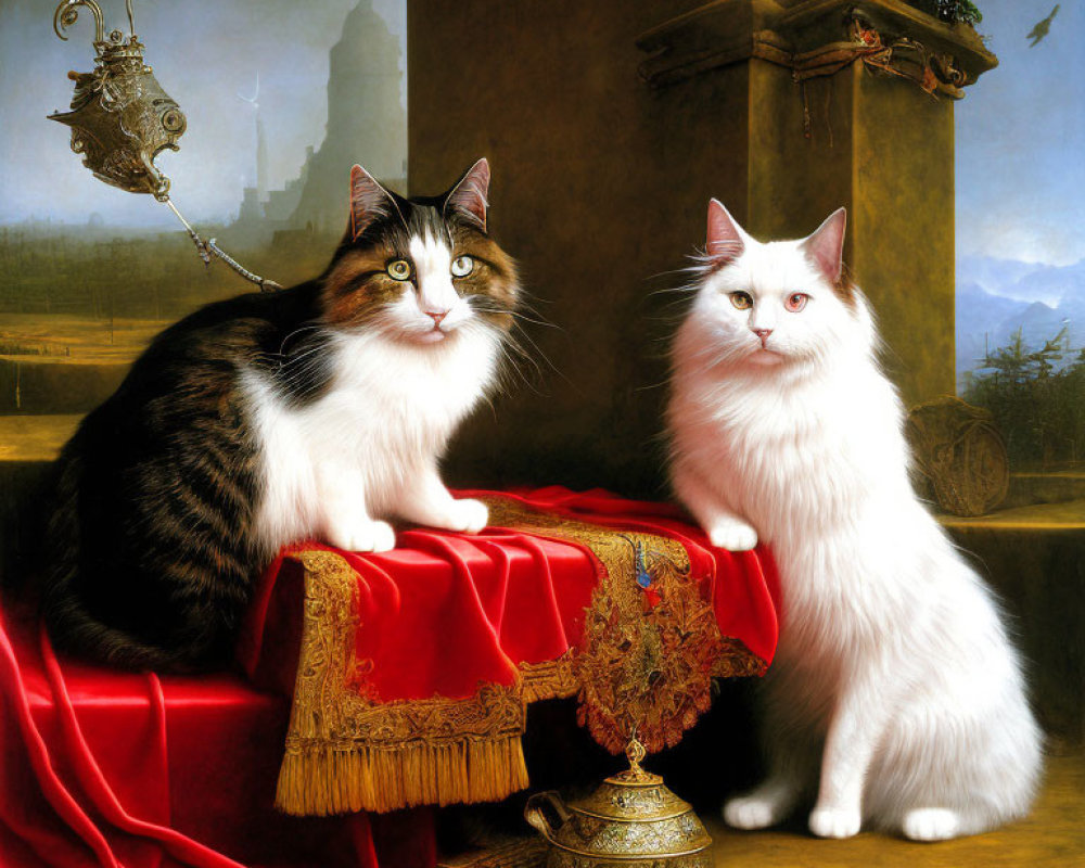 Regal long-haired cats on ornate table with red velvet drapery and silver pitcher