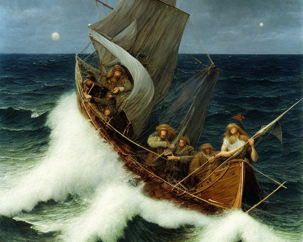 Viking sailors in wooden longship navigating stormy seas