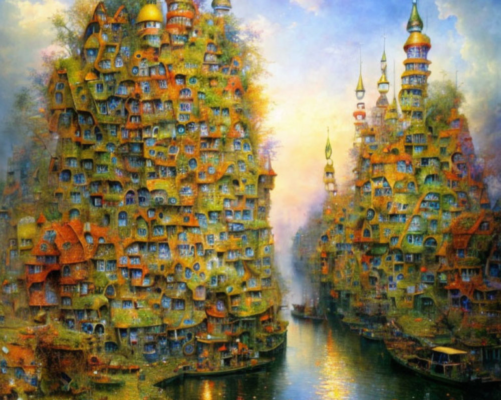 Vibrant surreal painting of whimsical structures reflecting on water