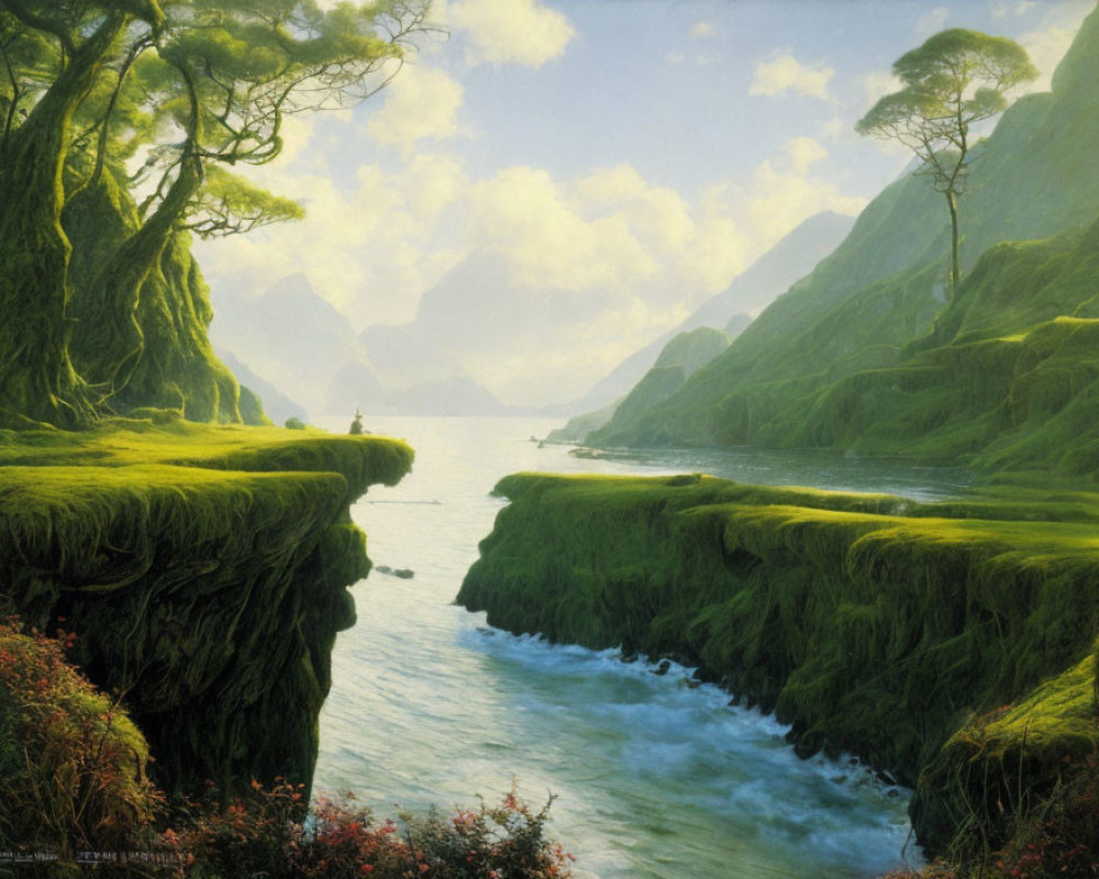 Lush green cliffs, flowing river, and distant mountains in tranquil landscape