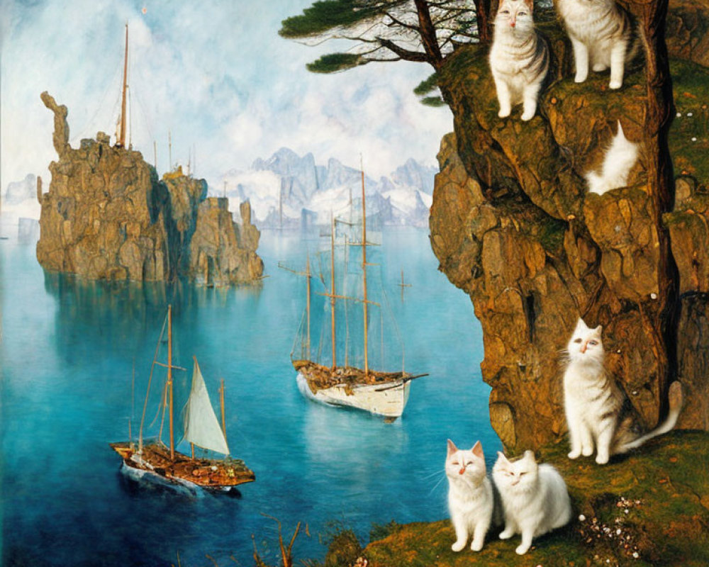 Sailboats in a whimsical seascape with white cats instead of rocks and trees