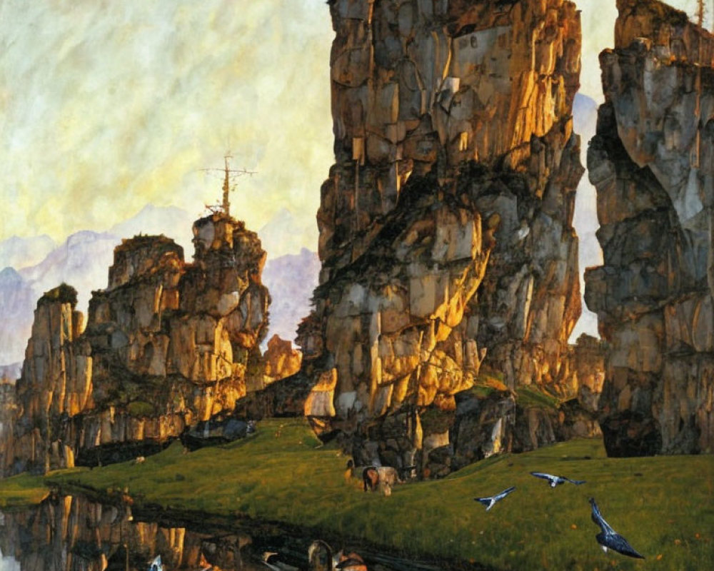 Detailed painting of rocky cliffs, birds in flight, and reflective water - serene natural landscape