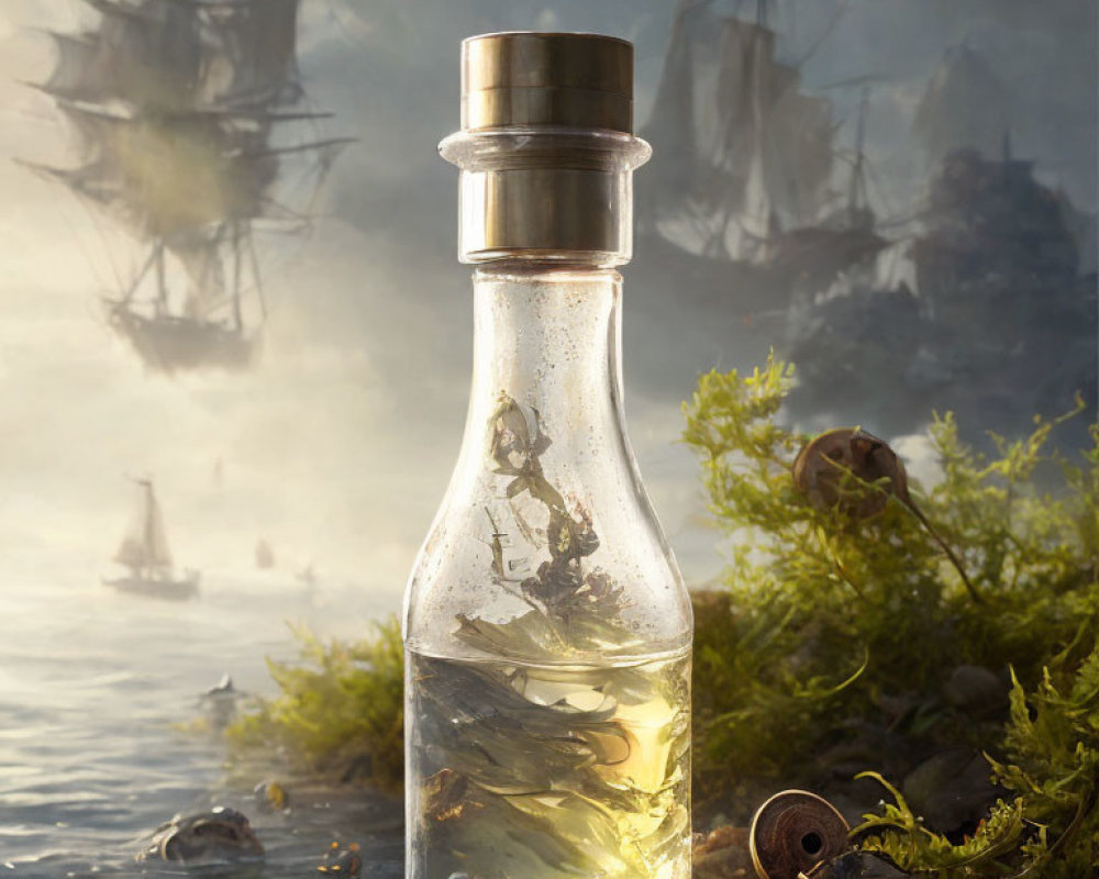 Glass bottle with tiny ship and figures on moss, ghostly large ships in misty background