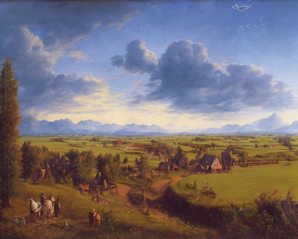 19th-Century Landscape Painting of Pastoral Village