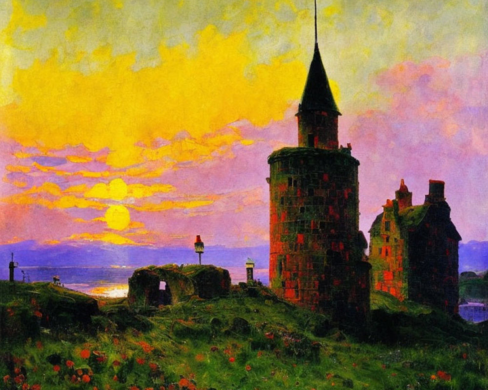 Sunset painting with golden sky, castle silhouette, houses, greenery, and red flowers