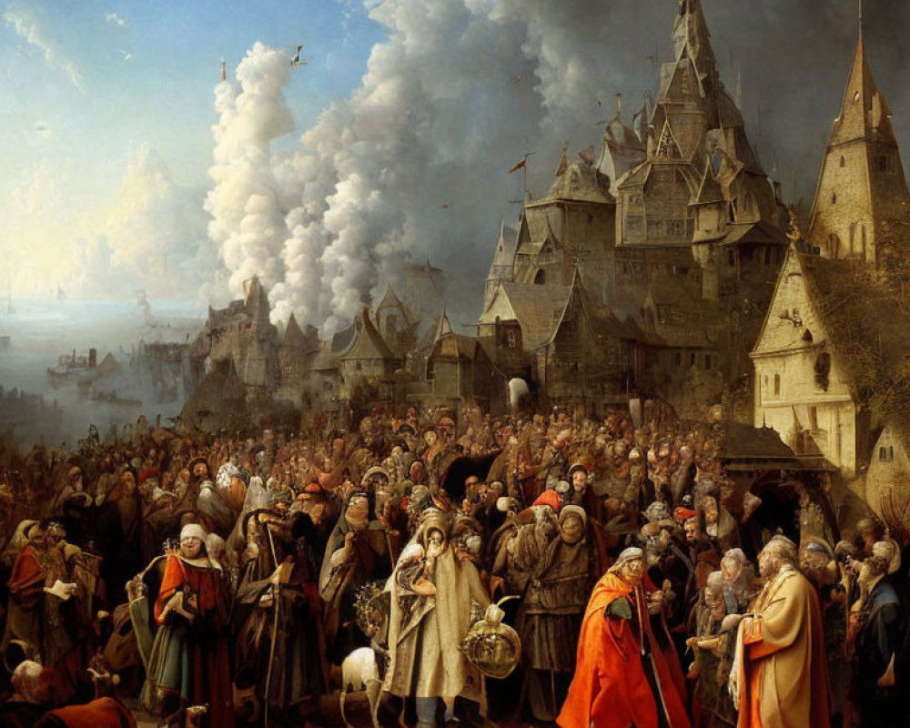 Medieval historical painting with crowd, musicians, and castle backdrop.