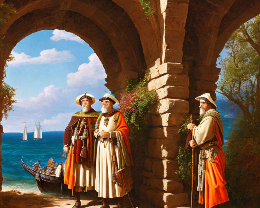 Renaissance-themed artwork with individuals, archway, sea, ships, rowboat, and cat