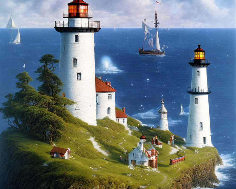 Multiple Lighthouses on Rocky Coastal Cliffs with Ships Sailing on Calm Waters