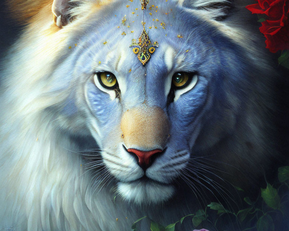 White Lion Painting with Golden Headpiece, Yellow Eyes, Dark Leaves, and Red Roses