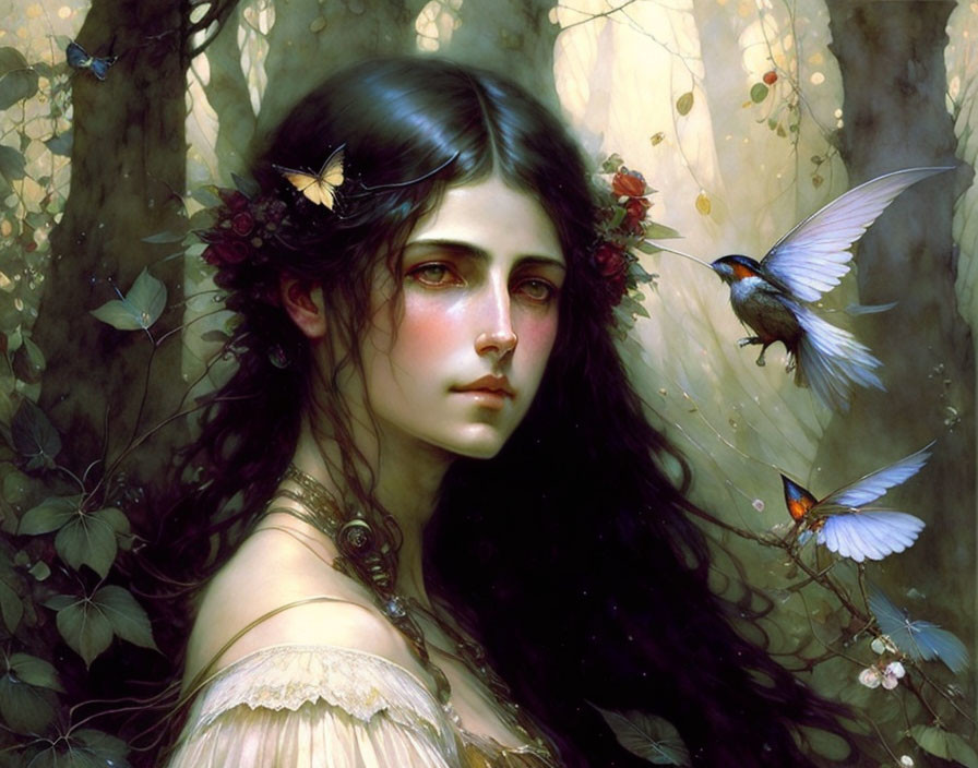 Portrait of Woman with Dark Hair and Flowers Surrounded by Nature and Birds