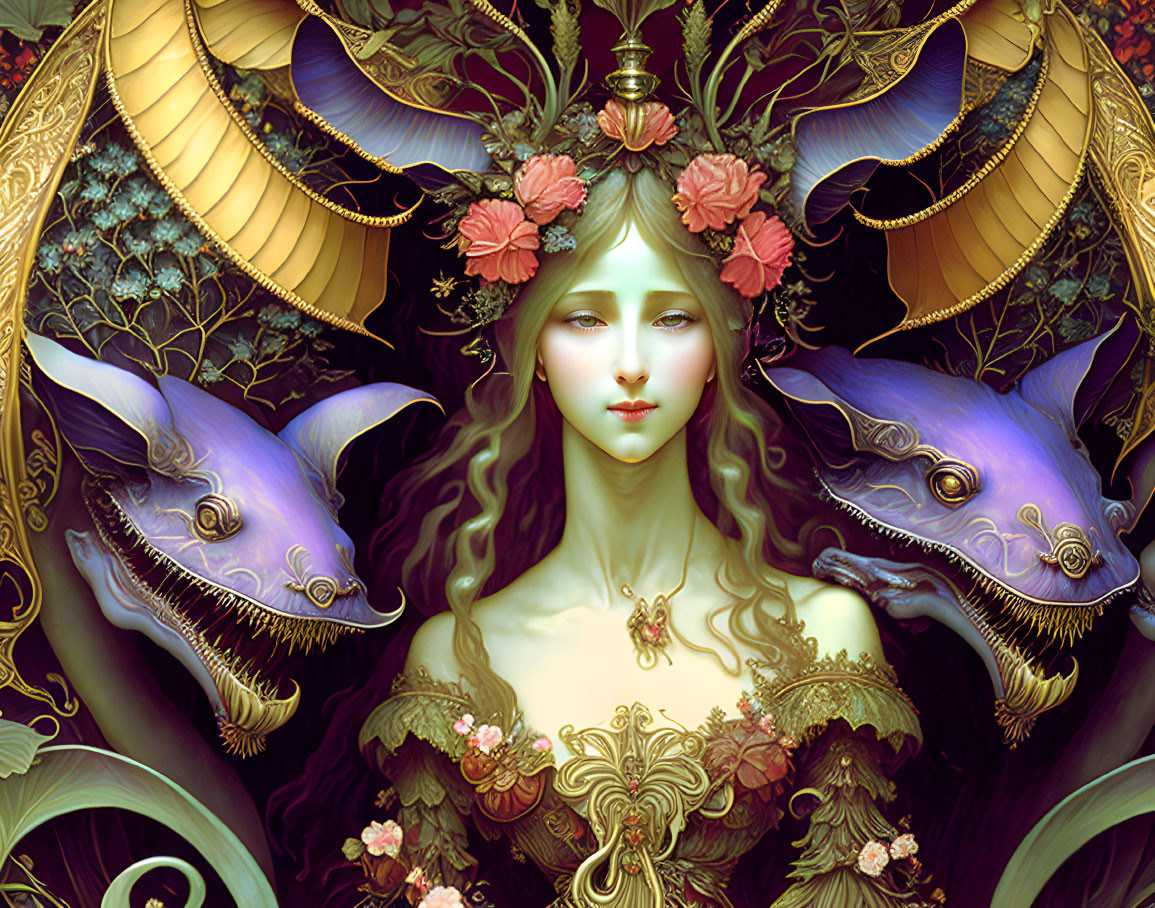 Fantastical illustration of woman with green skin, golden hair, floral crown, dragons.