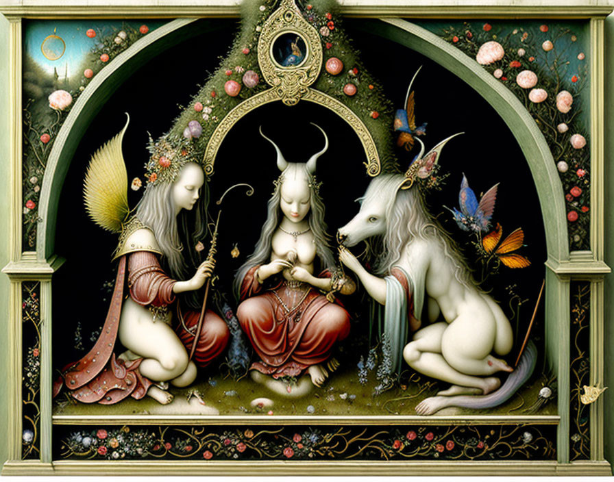 Intricate painting of ethereal women and mythical creature in celestial setting